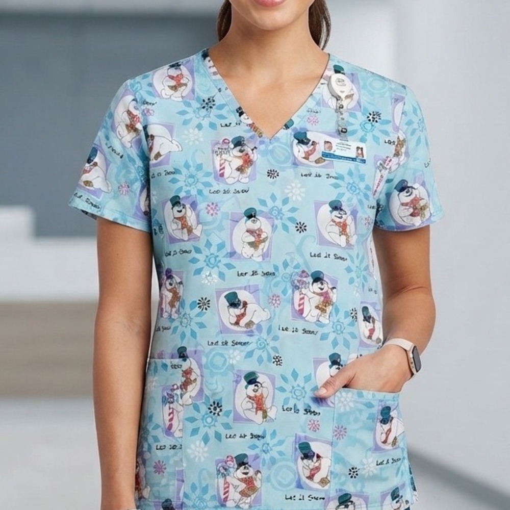 Frosty the Snowman Let It Snow Holiday Scrub Top Blue XL Winter Cartoon